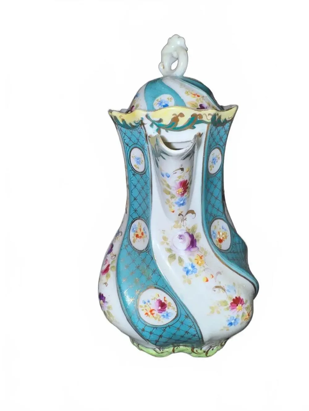 Vintage Porcelain Floral Teapot with Turquoise and Gold Accents